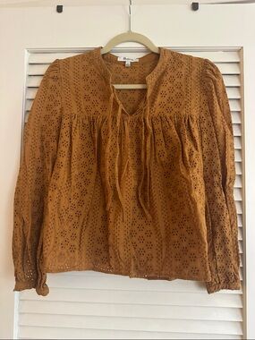 Madewell Eyelet Peasant Blouse in Mustard Brown